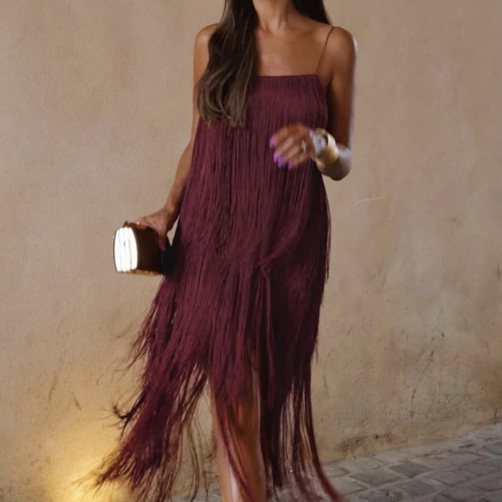 Commense Maxi Dress Sleeveless Fringe Wine M NWOT